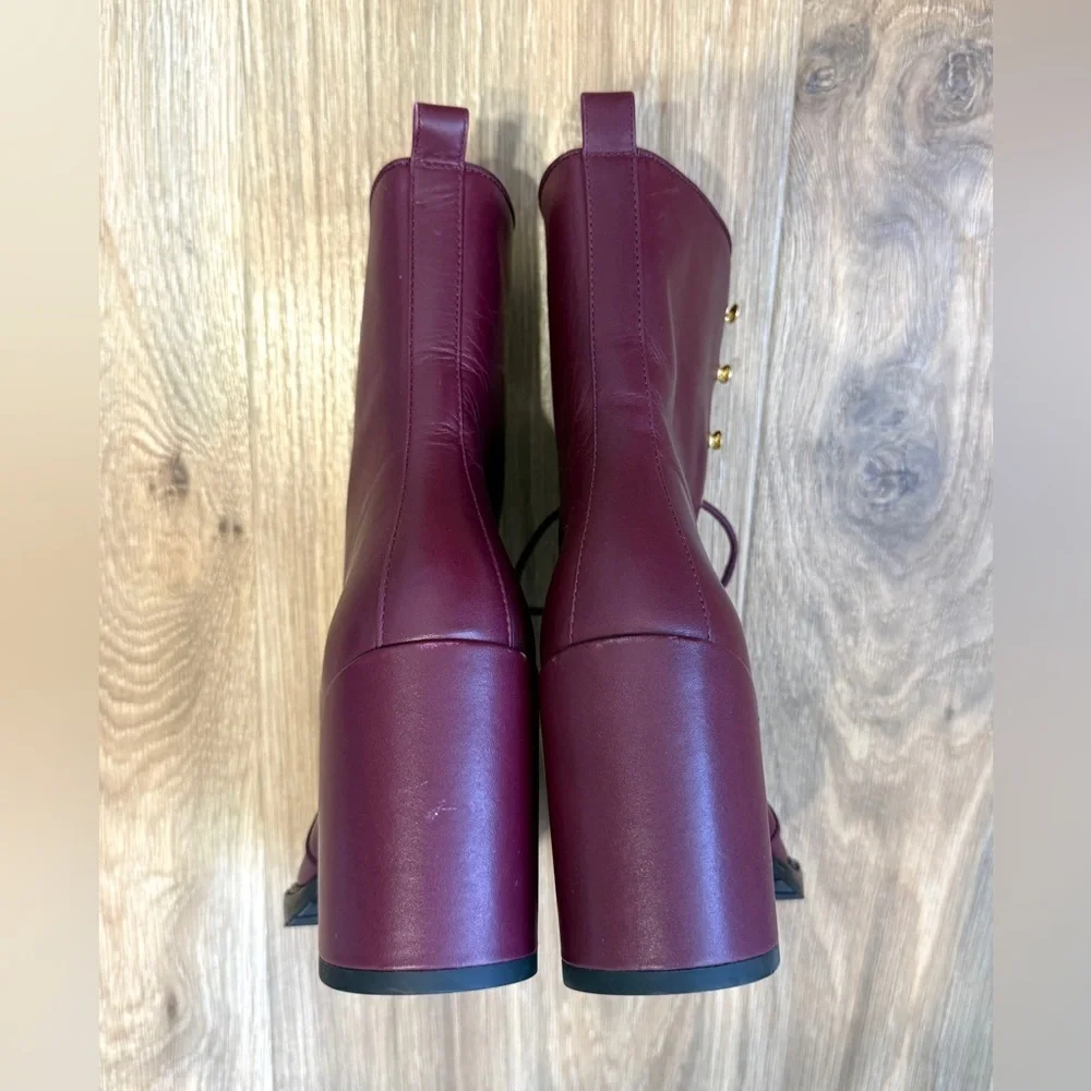 Stuart Weitzman Cranberry Leather Lace-Up Block Heel Boots Size 6.5 NWOB